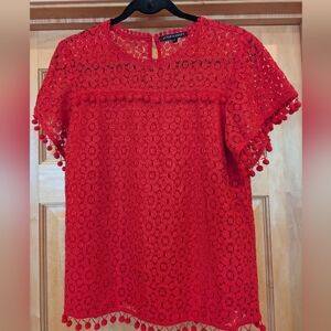 Chic Red Lace Blouse with Pom-Pom Details